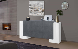 Credenza moderna a 2 ante e 3 cassetti, Made in Italy, Madia da cucina, Buffet di design da soggiorno, cm 210x45h85, Bianco lucido e Grigio Cenere