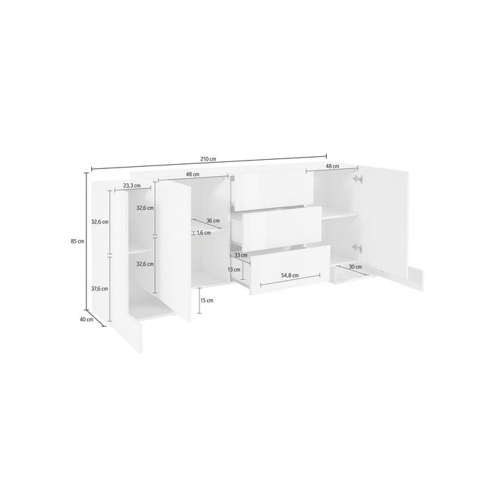 Credenza moderna a 2 ante e 3 cassetti, Made in Italy, Madia da cucina, Buffet di design da soggiorno, cm 210x45h85, Bianco lucido