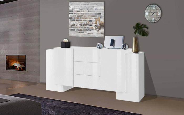 Credenza moderna a 2 ante e 3 cassetti, Made in Italy, Madia da cucina, Buffet di design da soggiorno, cm 210x45h85, Bianco lucido