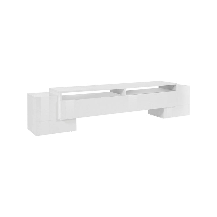 Mobile da soggiorno Porta TV, Made in Italy, Credenza per TV da salotto a 3 ante e ripiani, cm 210x45h45, Bianco lucido