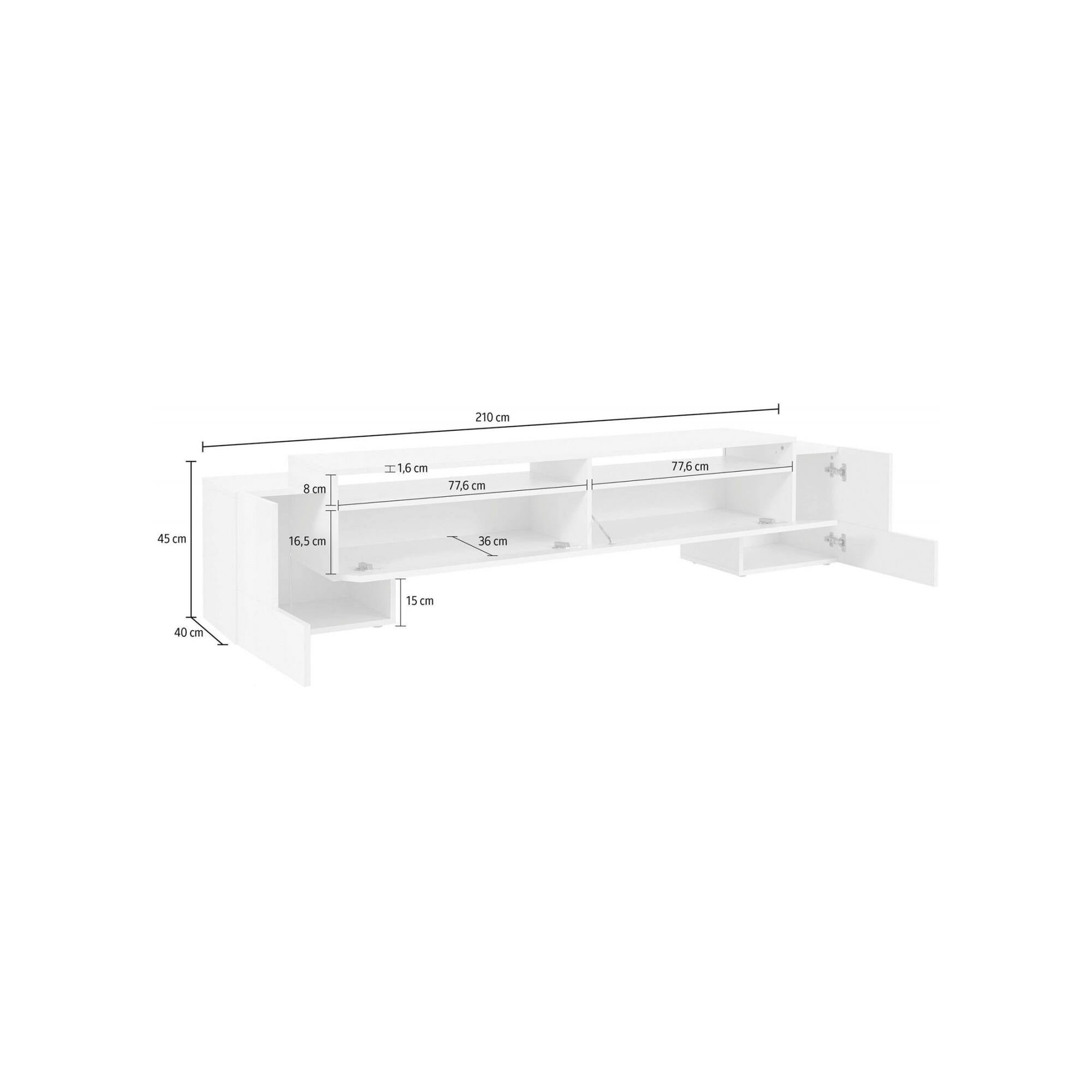 Mobile da soggiorno Porta TV, Made in Italy, Credenza per TV da salotto a 3 ante e ripiani, cm 210x45h45, Bianco lucido