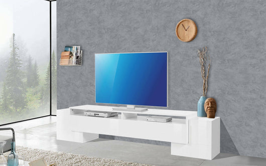 Mobile da soggiorno Porta TV, Made in Italy, Credenza per TV da salotto a 3 ante e ripiani, cm 210x45h45, Bianco lucido