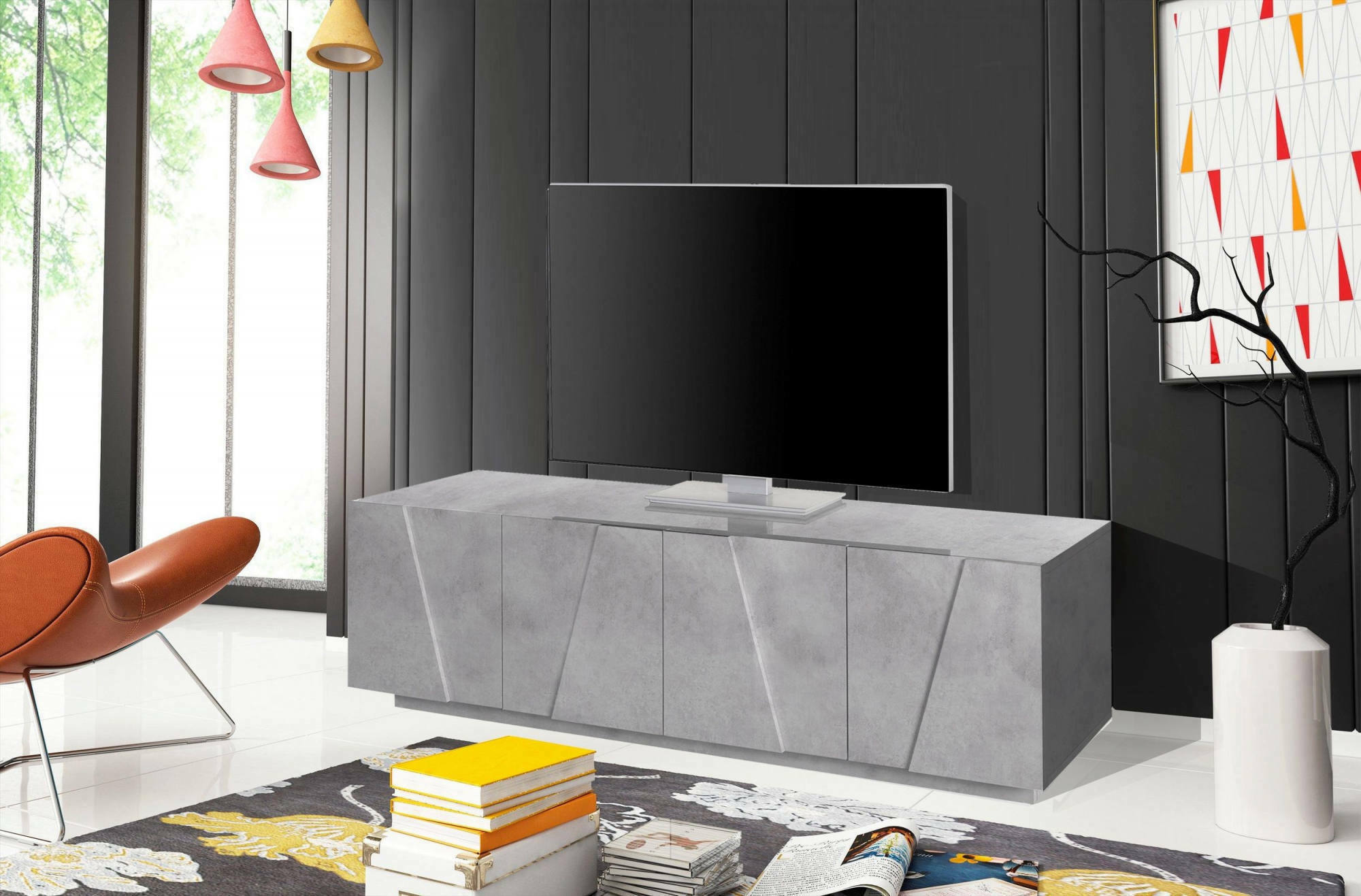 Mobile da soggiorno Porta TV, Made in Italy, Credenza per TV da salotto a 4 ante con dettaglio, cm 162x44h46, Grigio Cemento