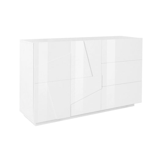 Credenza moderna a 2 ante e 3 cassetti, Made in Italy, Madia da cucina con dettaglio, Buffet di design da soggiorno, cm 143x44h86, Bianco lucido