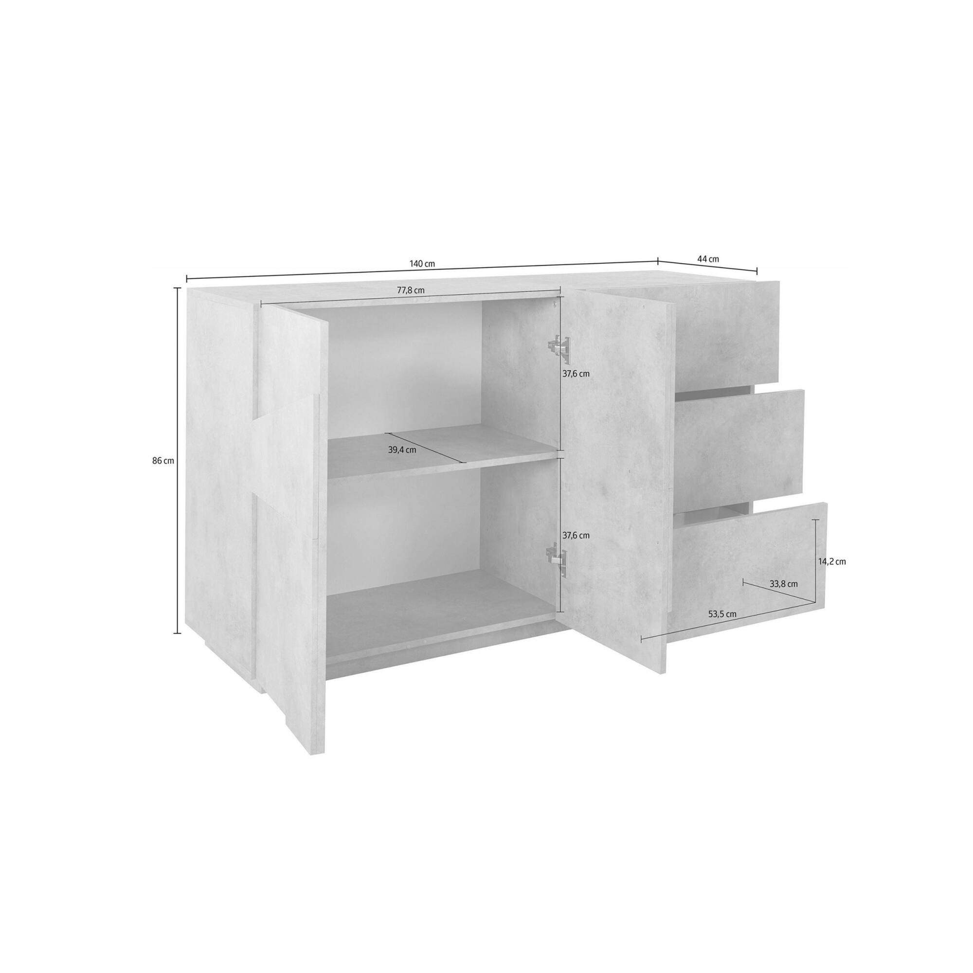 Credenza moderna a 2 ante e 3 cassetti, Made in Italy, Madia da cucina con dettaglio, Buffet di design da soggiorno, cm 143x44h86, Bianco lucido