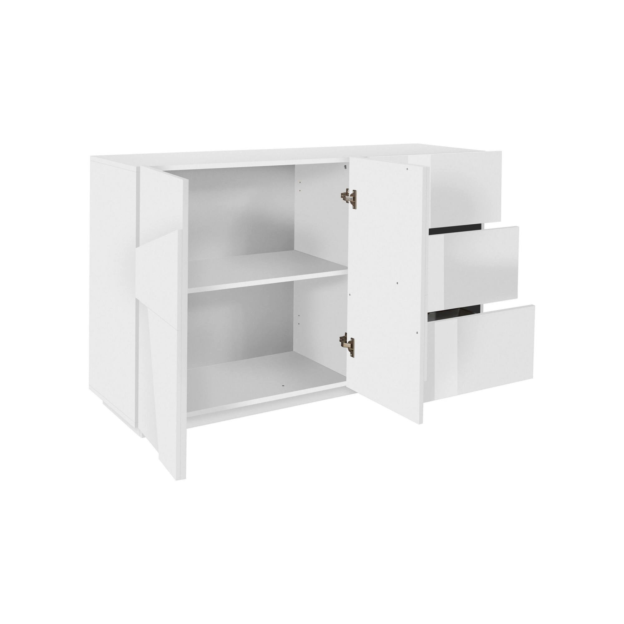 Credenza moderna a 2 ante e 3 cassetti, Made in Italy, Madia da cucina con dettaglio, Buffet di design da soggiorno, cm 143x44h86, Bianco lucido