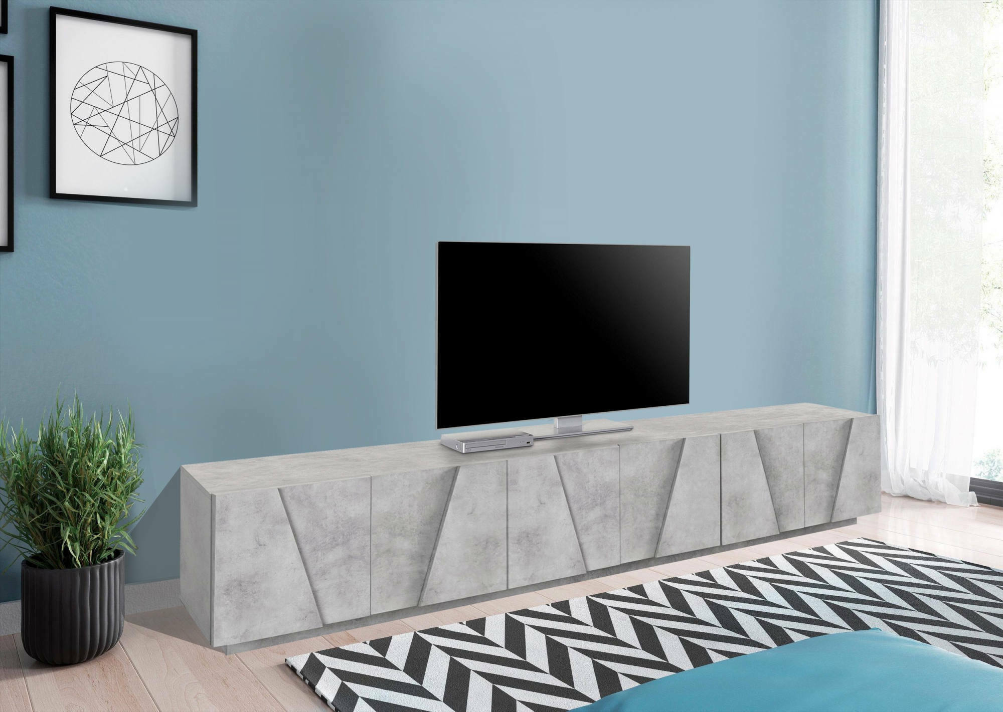 Mobile da soggiorno Porta TV, Made in Italy, Credenza per TV da salotto a 6 antine battenti con dettaglio, cm 244x44h46, Cemento scuro