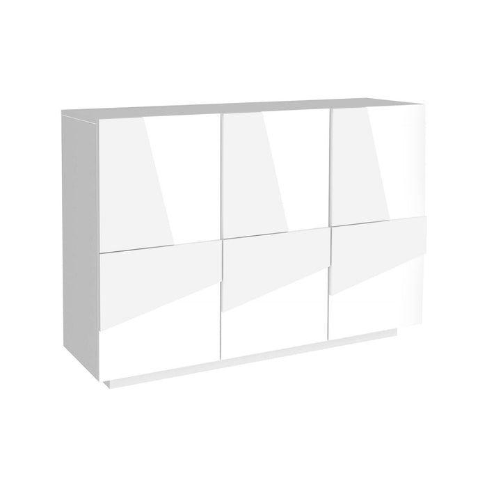 Mobile da ingresso a 3 ante e ripiani interni, Made in Italy, Entratina moderna, Credenza per atrio, cm 121x38h86, Bianco lucido