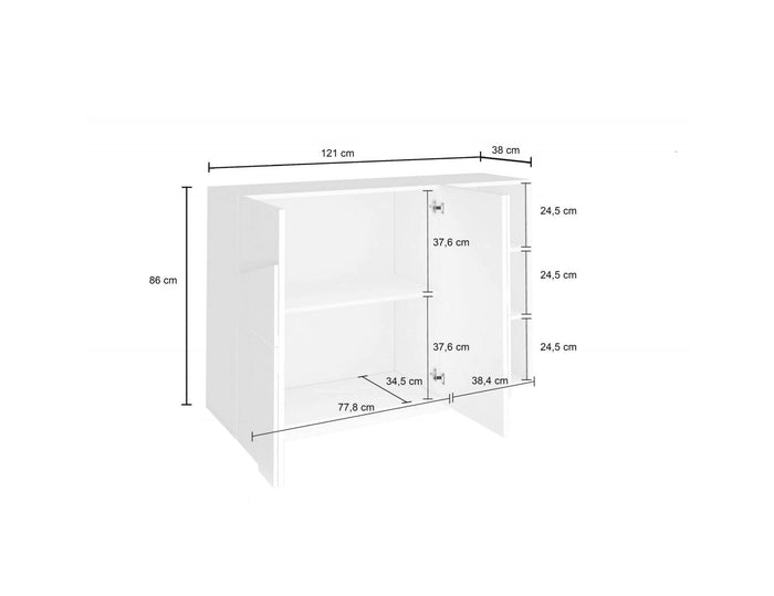 Mobile da ingresso a 3 ante e ripiani interni, Made in Italy, Entratina moderna, Credenza per atrio, cm 121x38h86, Bianco lucido