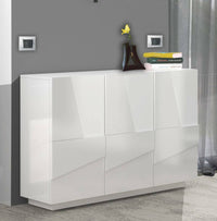 Mobile da ingresso a 3 ante e ripiani interni, Made in Italy, Entratina moderna, Credenza per atrio, cm 121x38h86, Bianco lucido