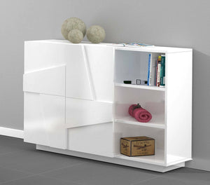 Mobile da ingresso a 2 ante e scaffali aperti, Made in Italy, Entratina moderna, Credenza per atrio, cm 121x38h86, Bianco lucido