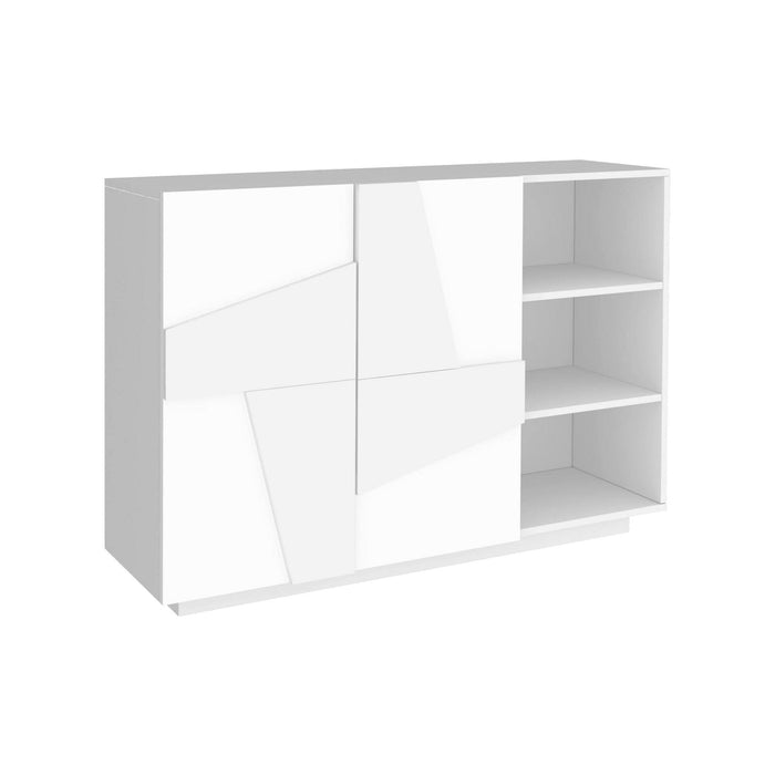 Mobile da ingresso a 2 ante e scaffali aperti, Made in Italy, Entratina moderna, Credenza per atrio, cm 121x38h86, Bianco lucido