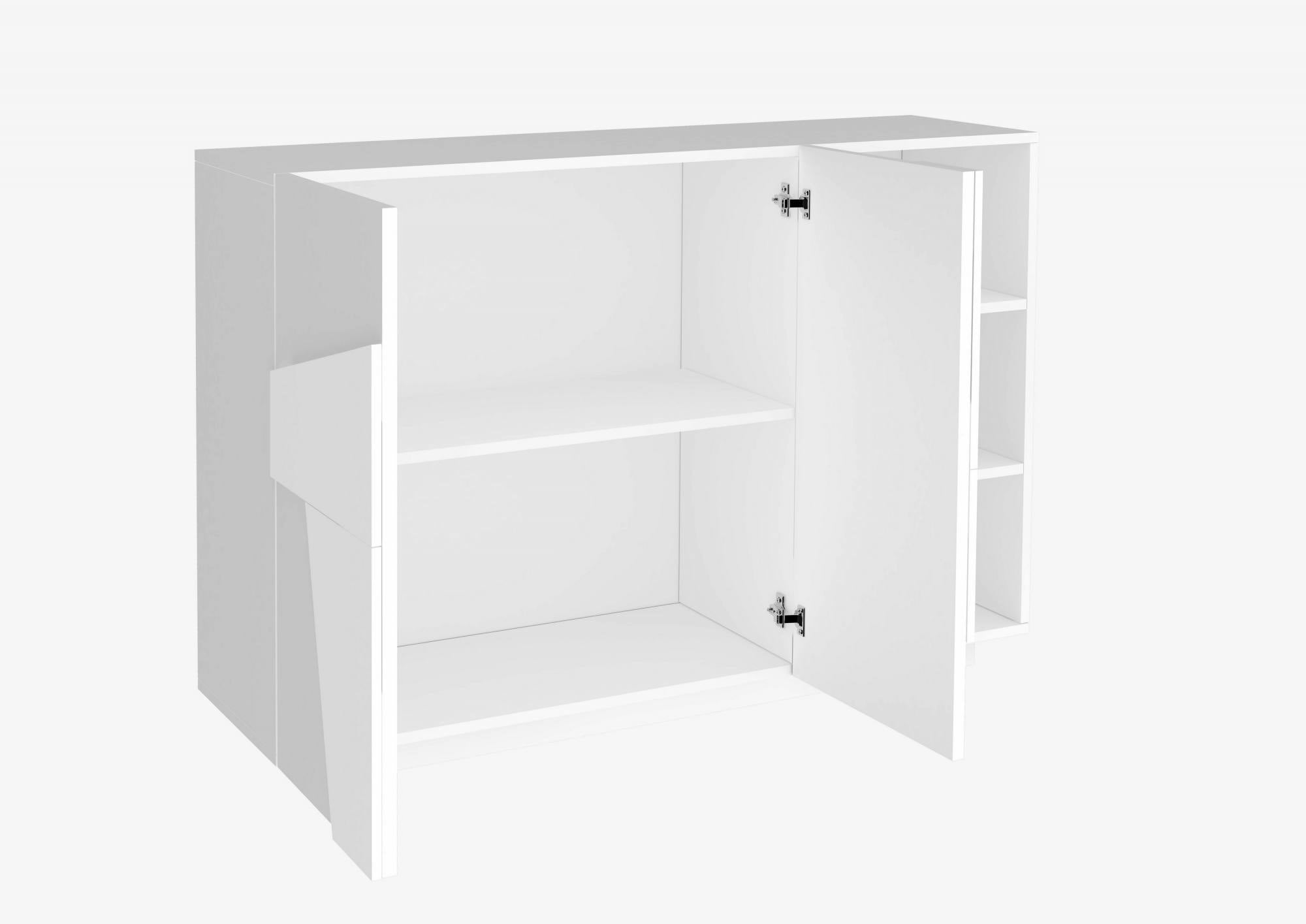 Mobile da ingresso a 2 ante e scaffali aperti, Made in Italy, Entratina moderna, Credenza per atrio, cm 121x38h86, Bianco lucido