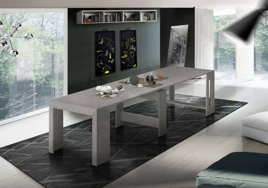 Tavolo da pranzo moderno, Made in Italy, Consolle allungabile fino a 12 posti, con portallunghe, cm 51/300x90h77 Grigio Cenere