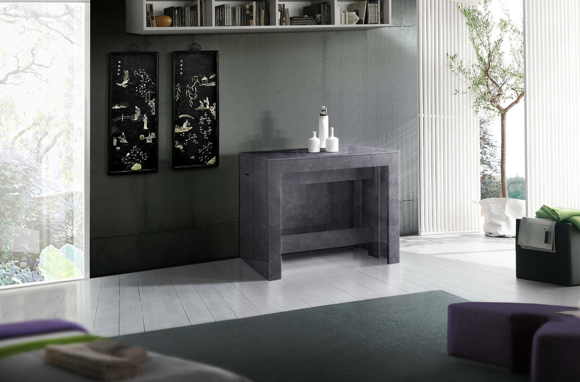 Tavolo da pranzo moderno, Made in Italy, Consolle allungabile fino a 12 posti, con portallunghe, cm 51/300x90h77, Grigio Ardesia