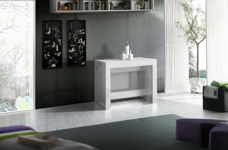 Tavolo da pranzo moderno, Made in Italy, Consolle allungabile fino a 12 posti, con portallunghe, cm 51/300x90h77 Bianco lucido