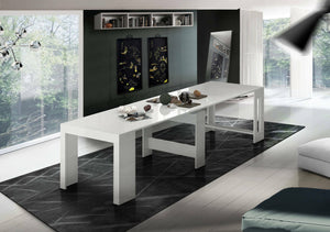 Tavolo da pranzo moderno, Made in Italy, Consolle allungabile fino a 12 posti, con portallunghe, cm 51/300x90h77 Bianco lucido