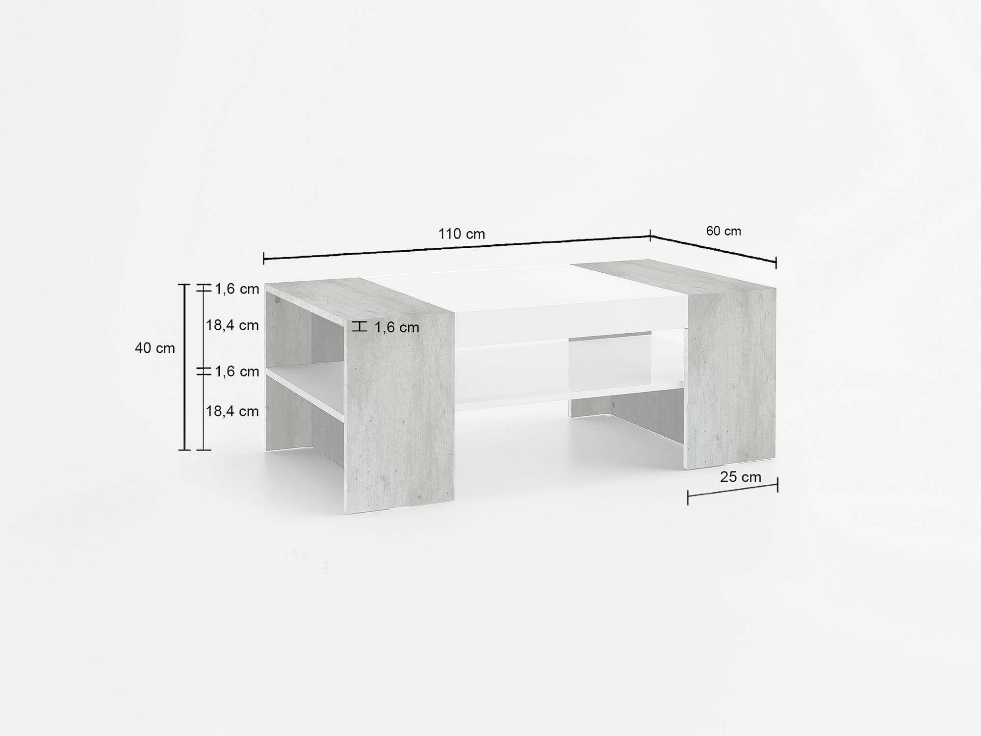 Tavolino da Caffè, Made in Italy, Tavolo da salotto, cm 110x60h40, Bianco lucido e Cemento