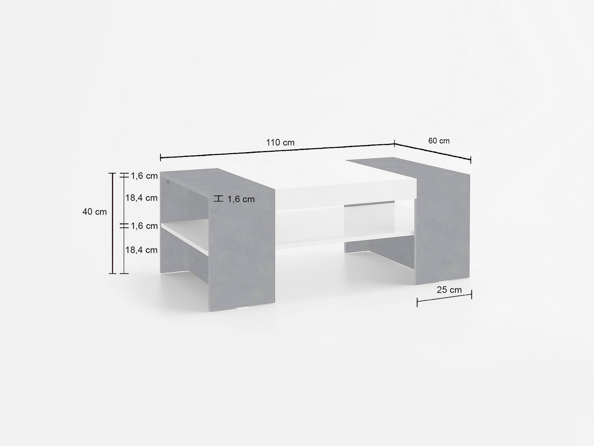 Tavolino da Caffè, Made in Italy, Tavolo da salotto, cm 110x60h40, Bianco lucido e Grigio Cenere