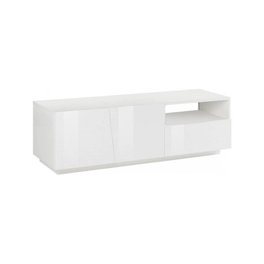 Mobile da soggiorno Porta TV, Made in Italy, Credenza per TV da salotto a 2 ante e 1 cassetto, cm 150x43h46, Bianco lucido