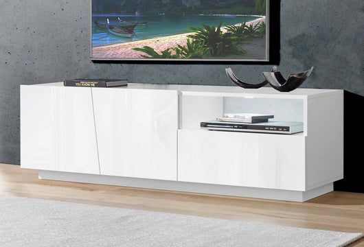 Mobile da soggiorno Porta TV, Made in Italy, Credenza per TV da salotto a 2 ante e 1 cassetto, cm 150x43h46, Bianco lucido