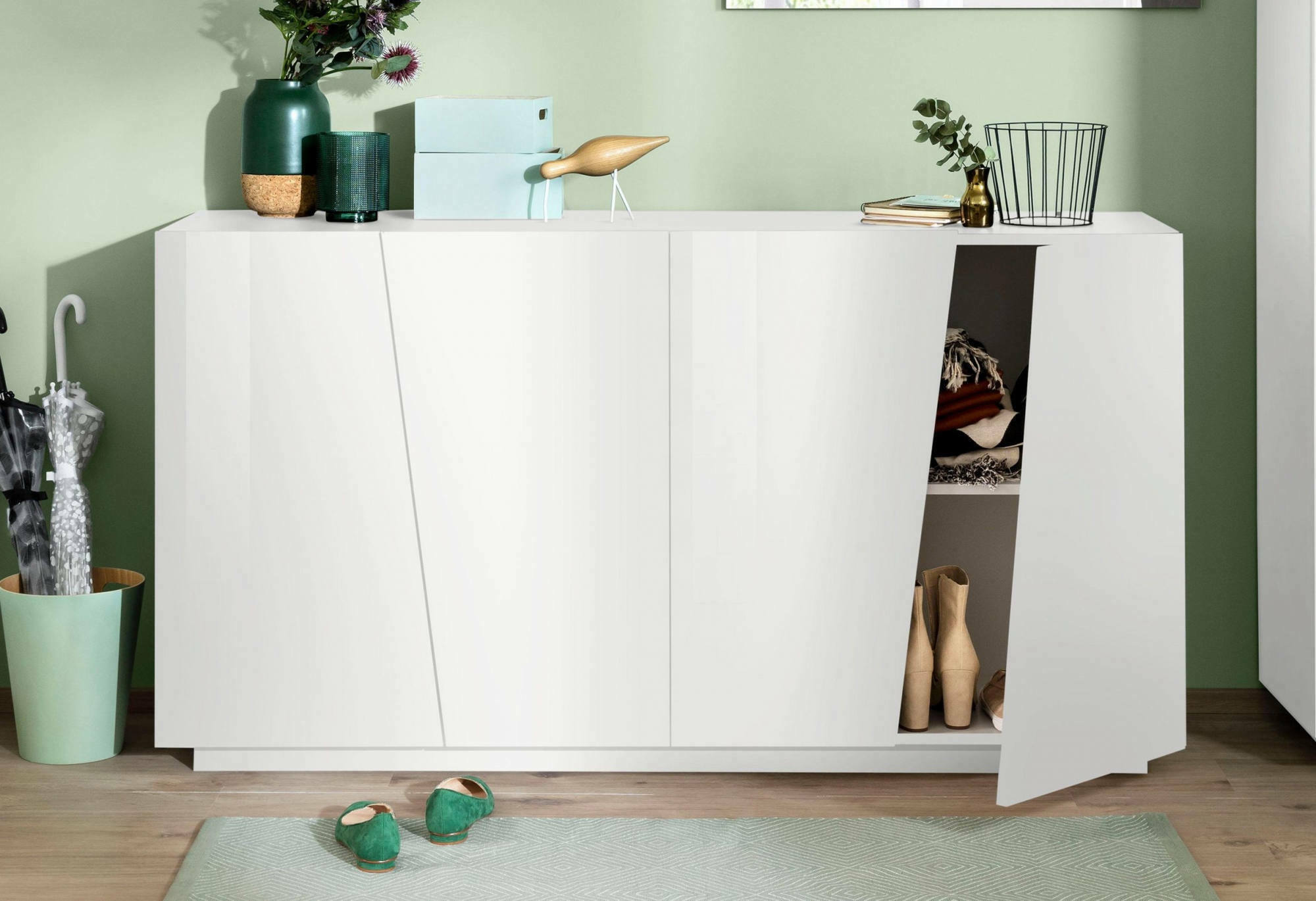 Credenza moderna a 4 ante, Made in Italy, Madia da cucina, Buffet di design da soggiorno, cm 159x43h86, Bianco lucido