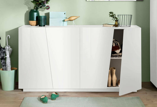 Credenza moderna a 4 ante, Made in Italy, Madia da cucina, Buffet di design da soggiorno, cm 159x43h86, Bianco lucido