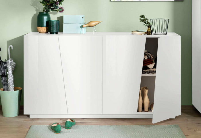 Credenza moderna a 4 ante, Made in Italy, Madia da cucina, Buffet di design da soggiorno, cm 159x43h86, Bianco lucido