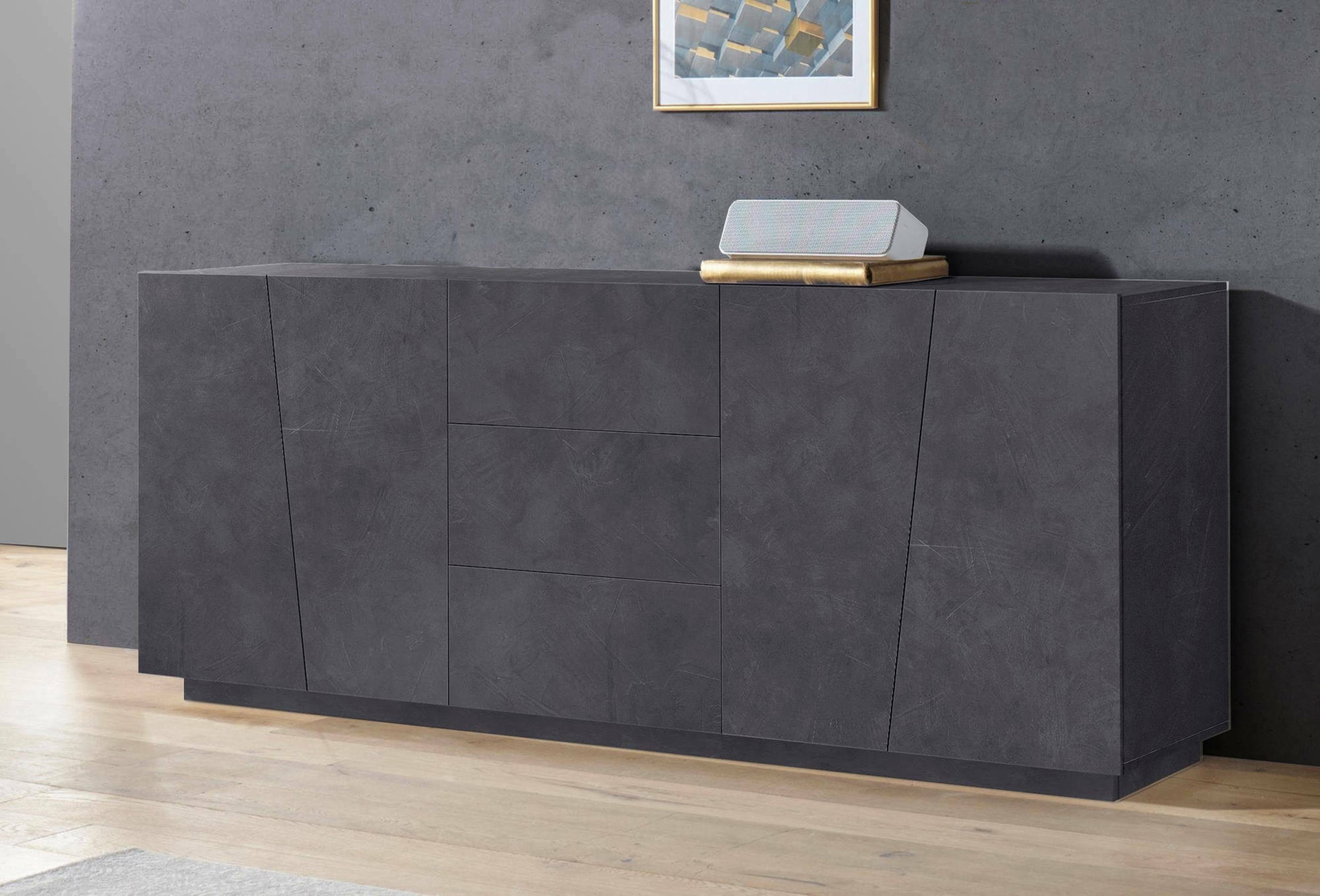 Credenza moderna a 4 ante e 3 cassetti, Made in Italy, Madia da cucina, Buffet di design da soggiorno, cm 220x43h86, Grigio Cenere