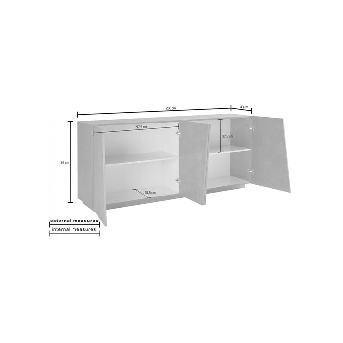 Credenza moderna a 4 ante, Made in Italy, Madia da cucina, Buffet di design da soggiorno, cm 200x43h86, Bianco lucido