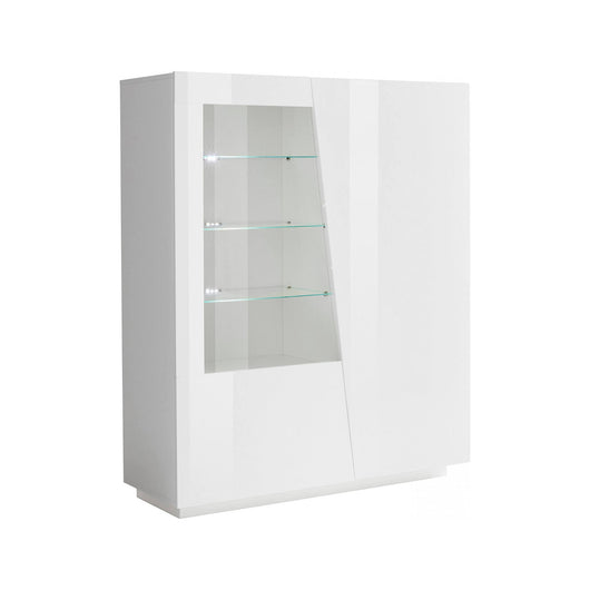 Vetrina moderna con anta a vetro, Made in Italy, Credenza con luce LED bianca, Vetrinetta da soggiorno, cm 120x43h146, Bianco lucido