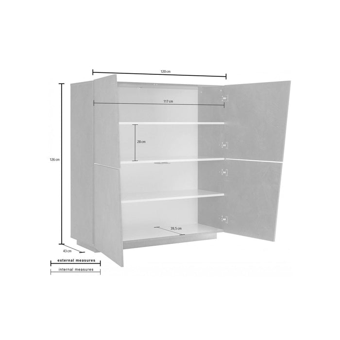 Credenza moderna di design a 4 ante battenti, Made in Italy, Buffet da cucina, Madia con scaffali da cucina, cm 120x43h126, Bianco lucido