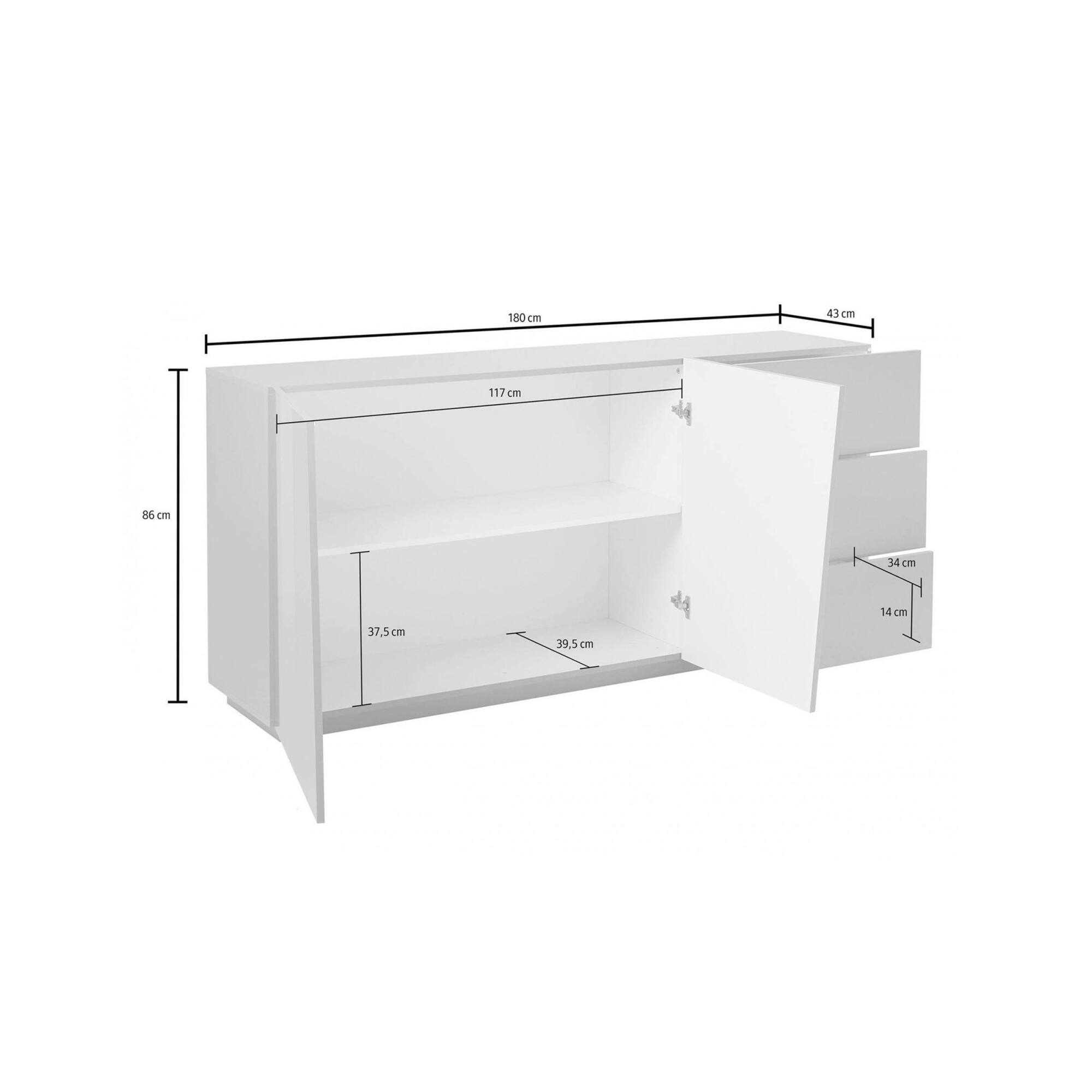 Credenza moderna a 2 ante e 3 cassetti, Made in Italy, Madia da cucina, Buffet di design da soggiorno, cm 180x43h86, Bianco lucido