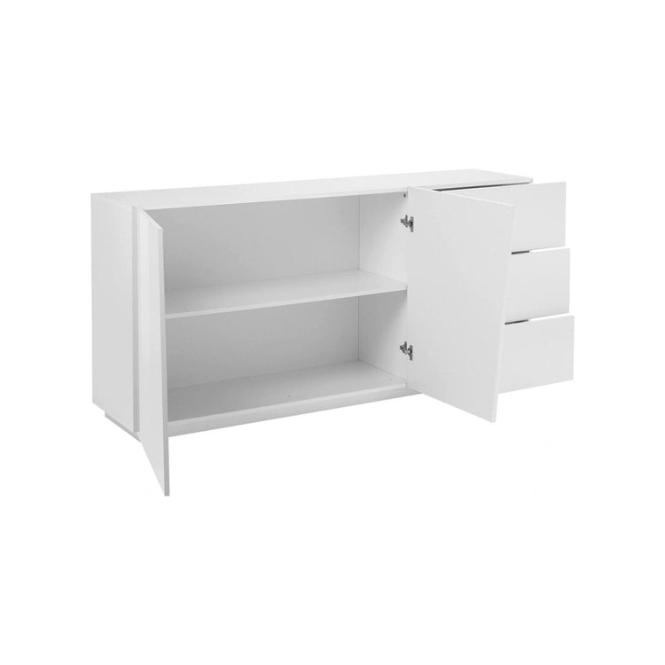 Credenza moderna a 2 ante e 3 cassetti, Made in Italy, Madia da cucina, Buffet di design da soggiorno, cm 180x43h86, Bianco lucido