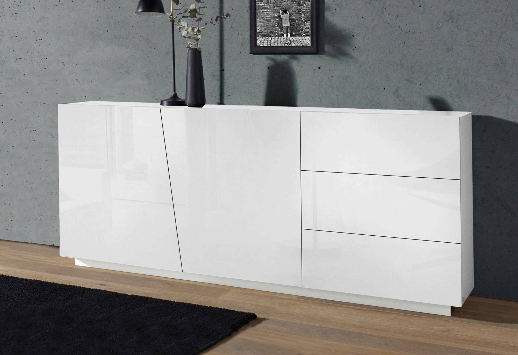 Credenza moderna a 2 ante e 3 cassetti, Made in Italy, Madia da cucina, Buffet di design da soggiorno, cm 180x43h86, Bianco lucido