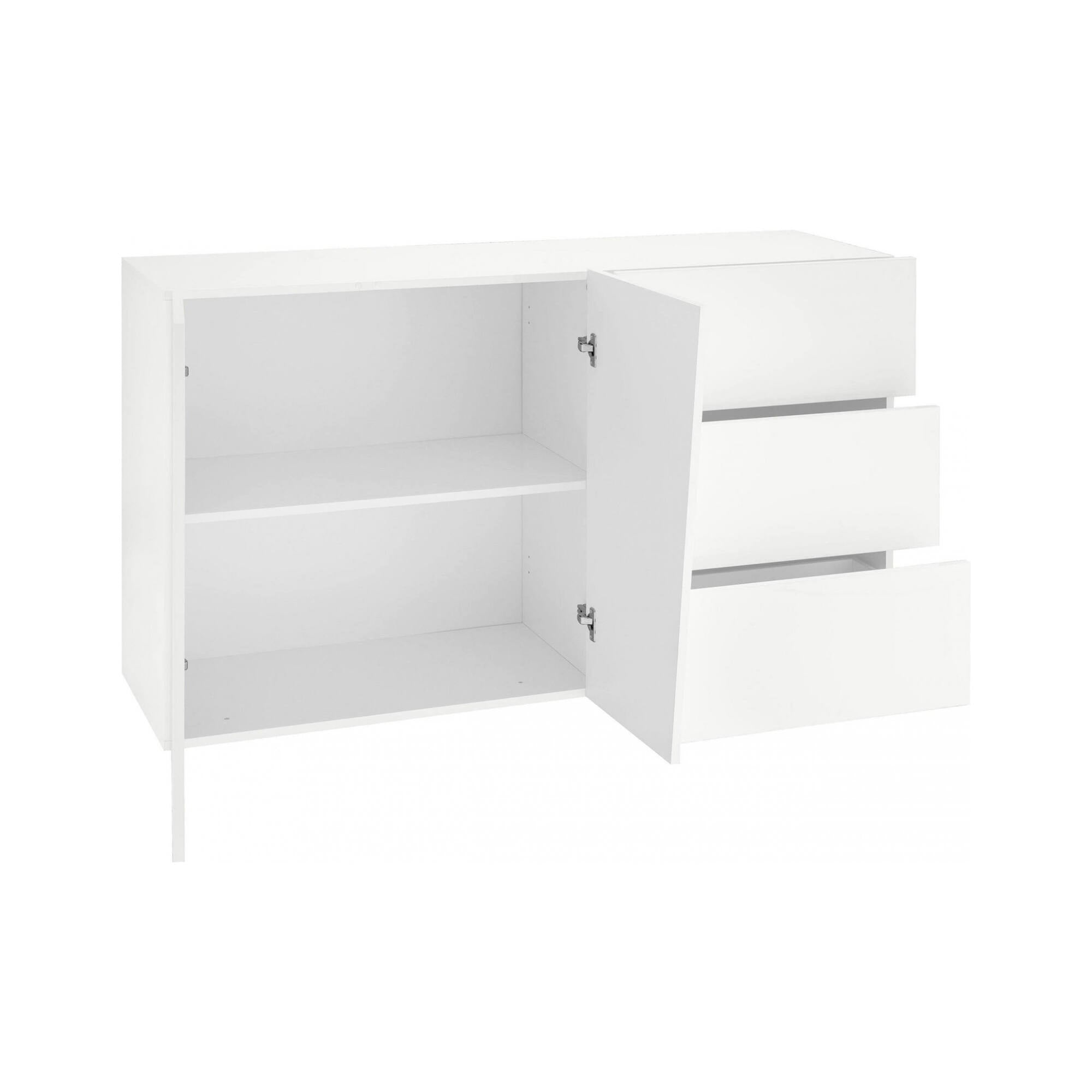 Credenza moderna a 2 ante e 3 cassetti, Made in Italy, Madia da cucina, Buffet di design da soggiorno, cm 141x43h86, Bianco lucido