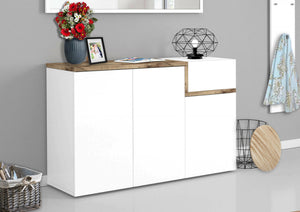 Scarpiera moderna, Made in Italy, 3 ante e 1 anta a ribalta, Mobile Portascarpe da ingresso, cm 120x40h80, Bianco lucido e Acero