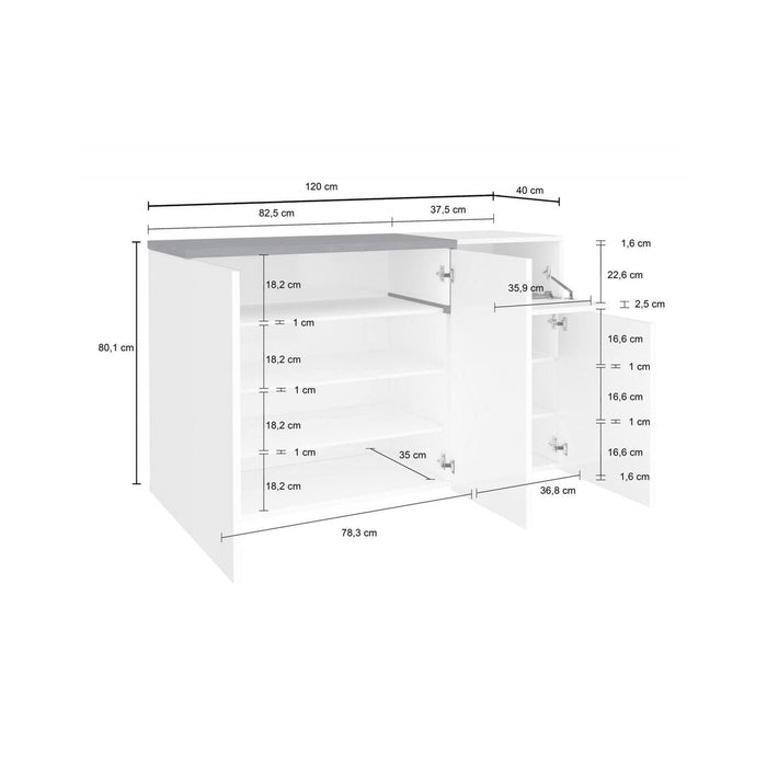 Scarpiera moderna, Made in Italy, 3 ante e 1 anta a ribalta, Mobile Portascarpe da ingresso, cm 120x40h80, Bianco lucido e Grigio Ardesia