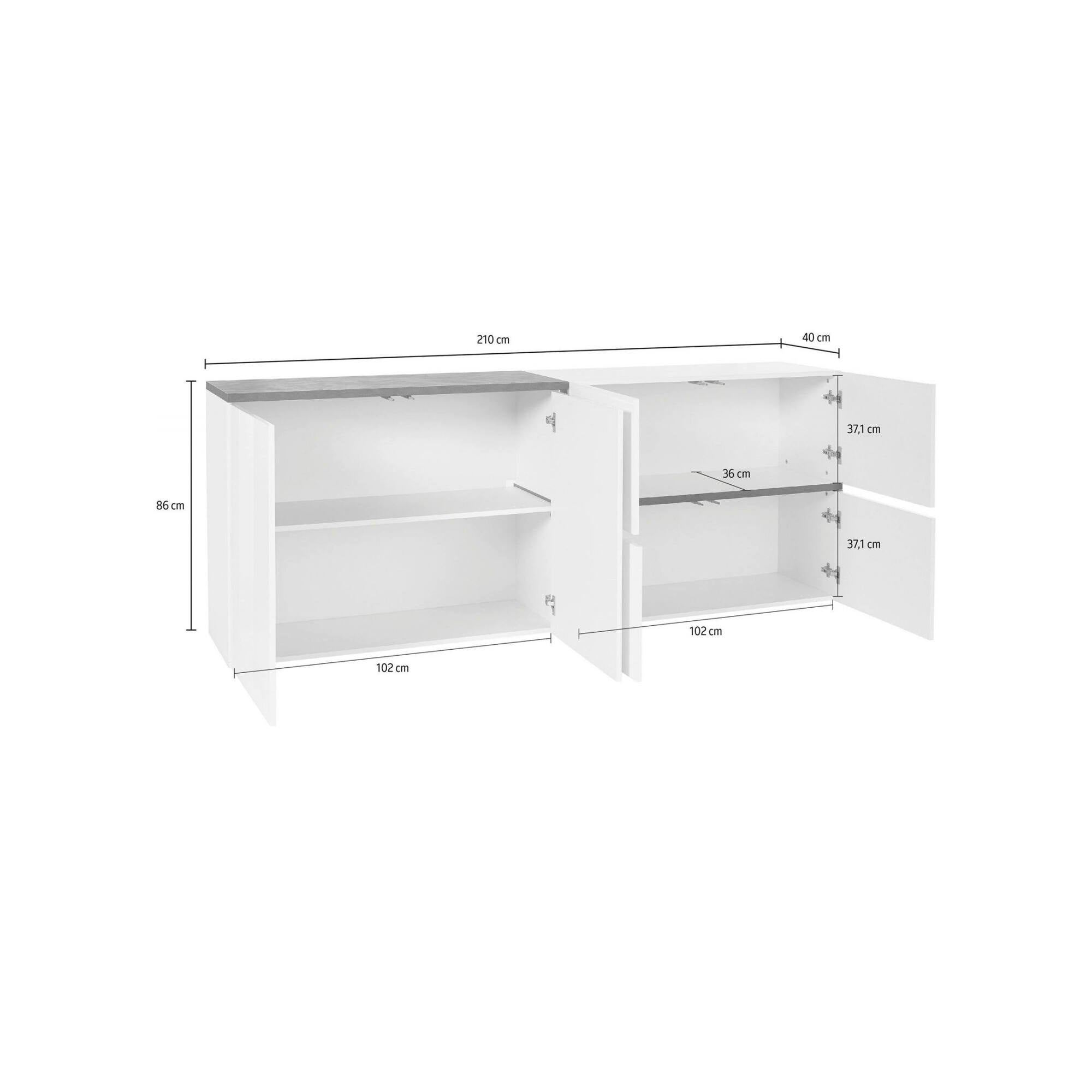 Credenza moderna a 4 ante, Made in Italy, Madia da cucina, Buffet di design da soggiorno, cm 210x40h80, Bianco lucido e Grigio Ardesia