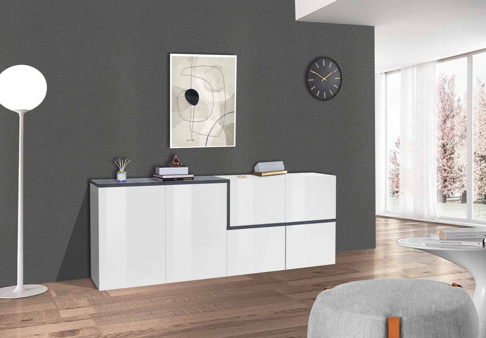 Credenza moderna a 4 ante, Made in Italy, Madia da cucina, Buffet di design da soggiorno, cm 210x40h80, Bianco lucido e Grigio Ardesia