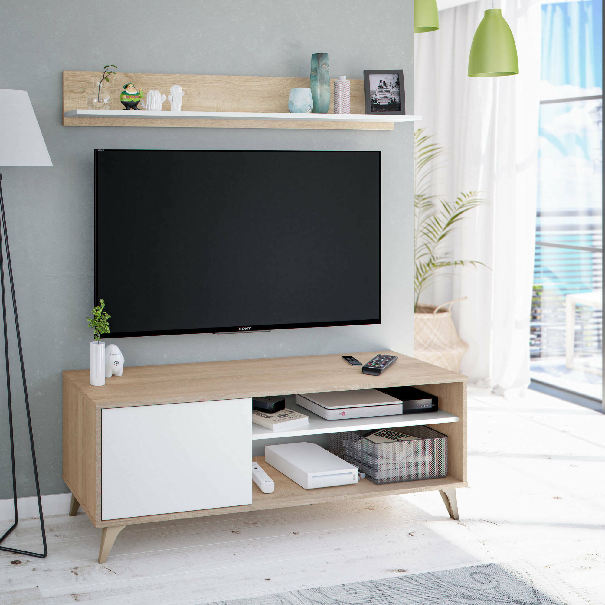 Mobile porta TV Mesa, Credenza per televisione da soggiorno con 1 anta,Supporto TV da salotto, Madia di design, cm 135x40h50, Rovere