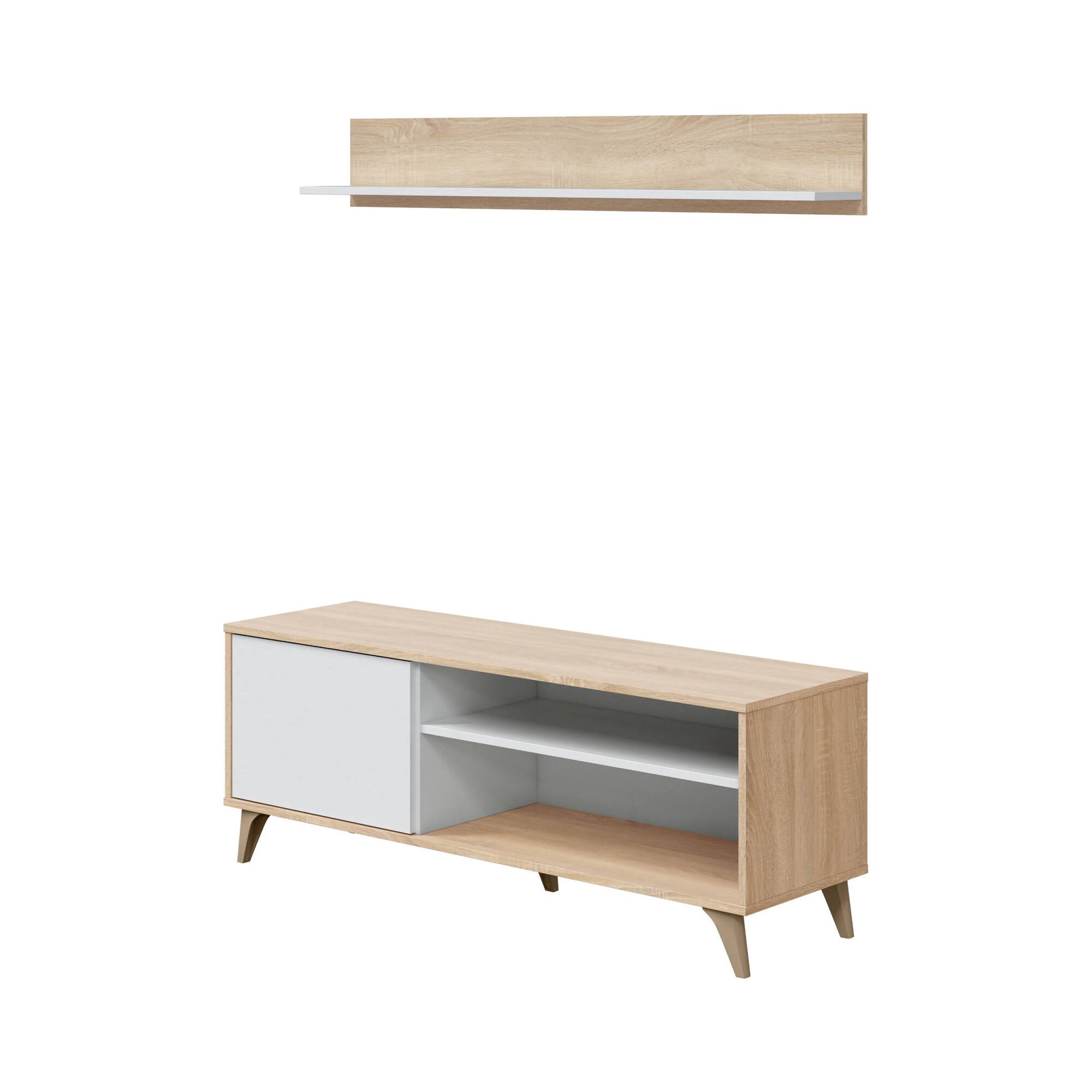 Mobile porta TV Mesa, Credenza per televisione da soggiorno con 1 anta,Supporto TV da salotto, Madia di design, cm 135x40h50, Rovere