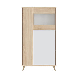 Vetrina Atlanta, Vetrinetta moderna a 3 ante, Credenza da soggiorno o salotto, Madia alta con ripiani, cm 77x33h142, Rovere e Bianco