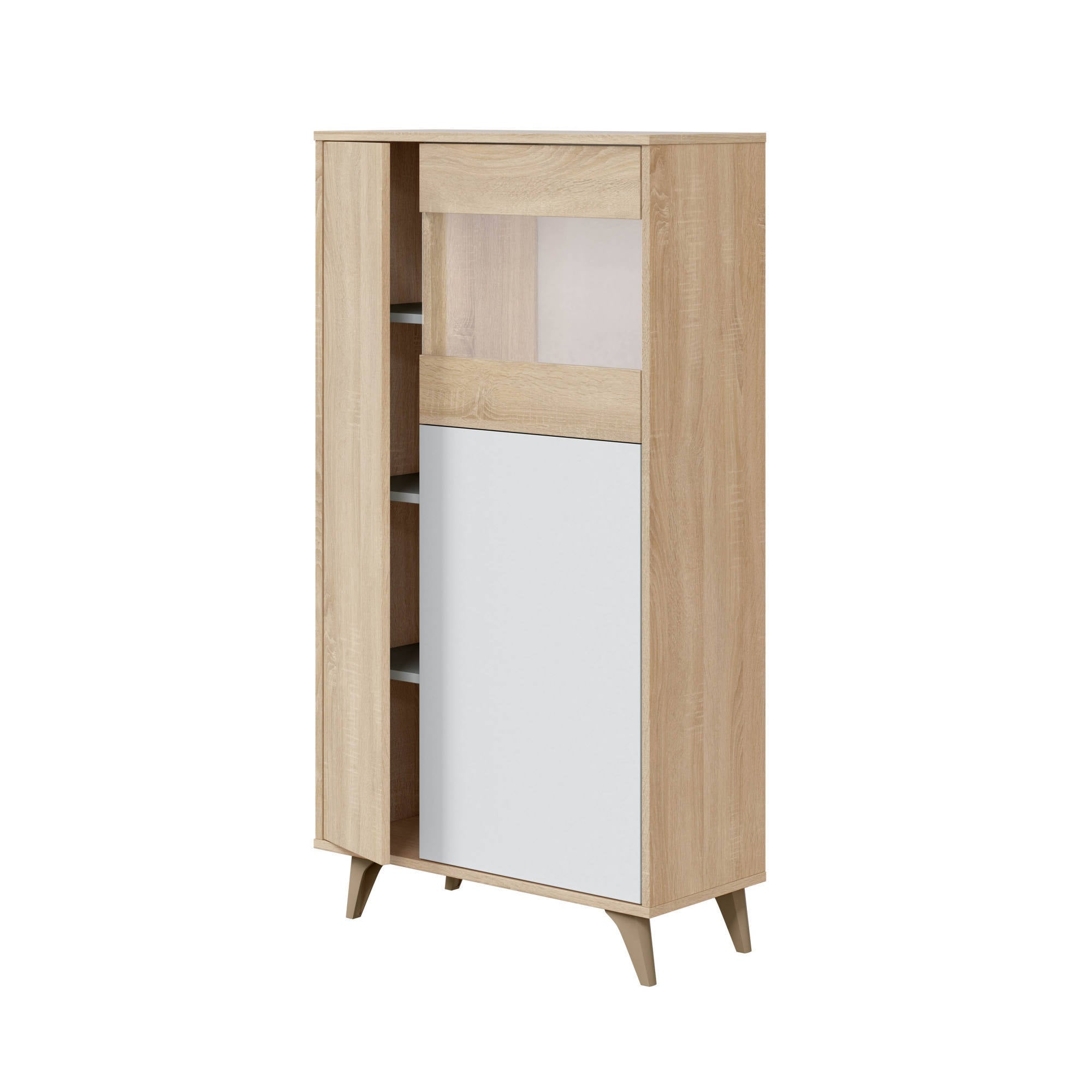 Vetrina Atlanta, Vetrinetta moderna a 3 ante, Credenza da soggiorno o salotto, Madia alta con ripiani, cm 77x33h142, Rovere e Bianco