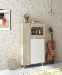 Vetrina Atlanta, Vetrinetta moderna a 3 ante, Credenza da soggiorno o salotto, Madia alta con ripiani, cm 77x33h142, Rovere e Bianco