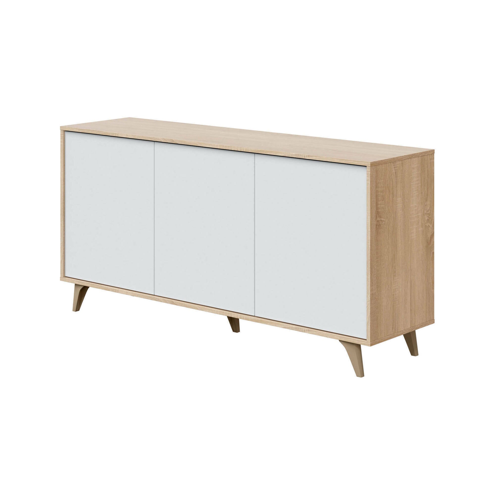 Credenza Arvada, Madia moderna a 3 ante e ripiani, Buffet da cucina, Buffet di design da soggiorno, cm 154x40h75, Rovere e Bianco