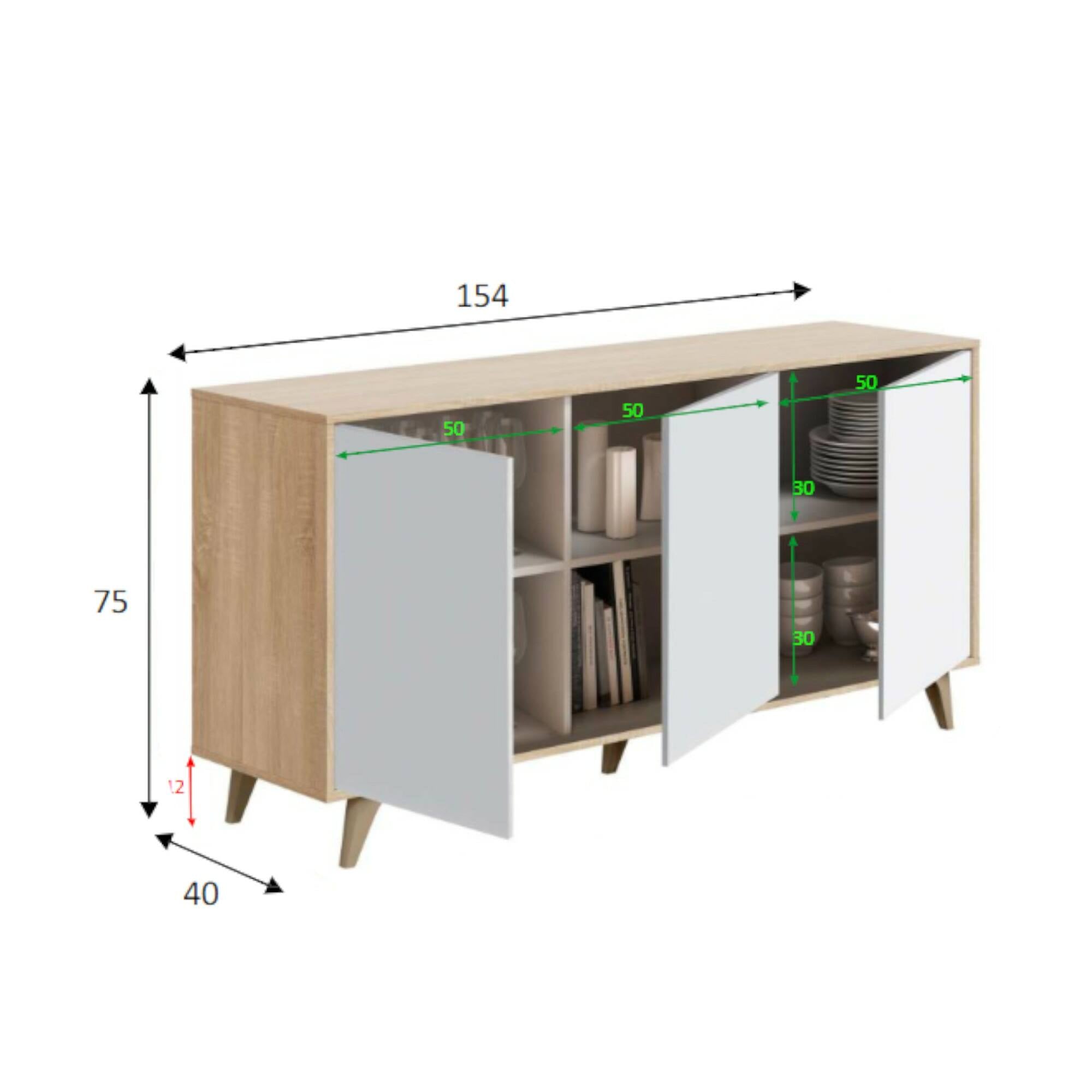 Credenza Arvada, Madia moderna a 3 ante e ripiani, Buffet da cucina, Buffet di design da soggiorno, cm 154x40h75, Rovere e Bianco