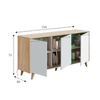 Credenza Arvada, Madia moderna a 3 ante e ripiani, Buffet da cucina, Buffet di design da soggiorno, cm 154x40h75, Rovere e Bianco