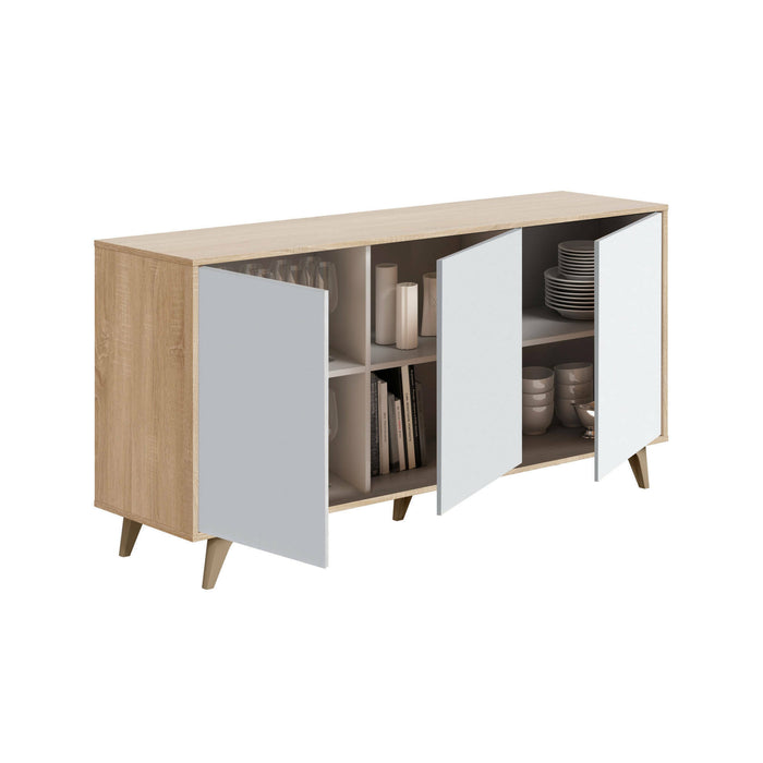 Credenza Arvada, Madia moderna a 3 ante e ripiani, Buffet da cucina, Buffet di design da soggiorno, cm 154x40h75, Rovere e Bianco