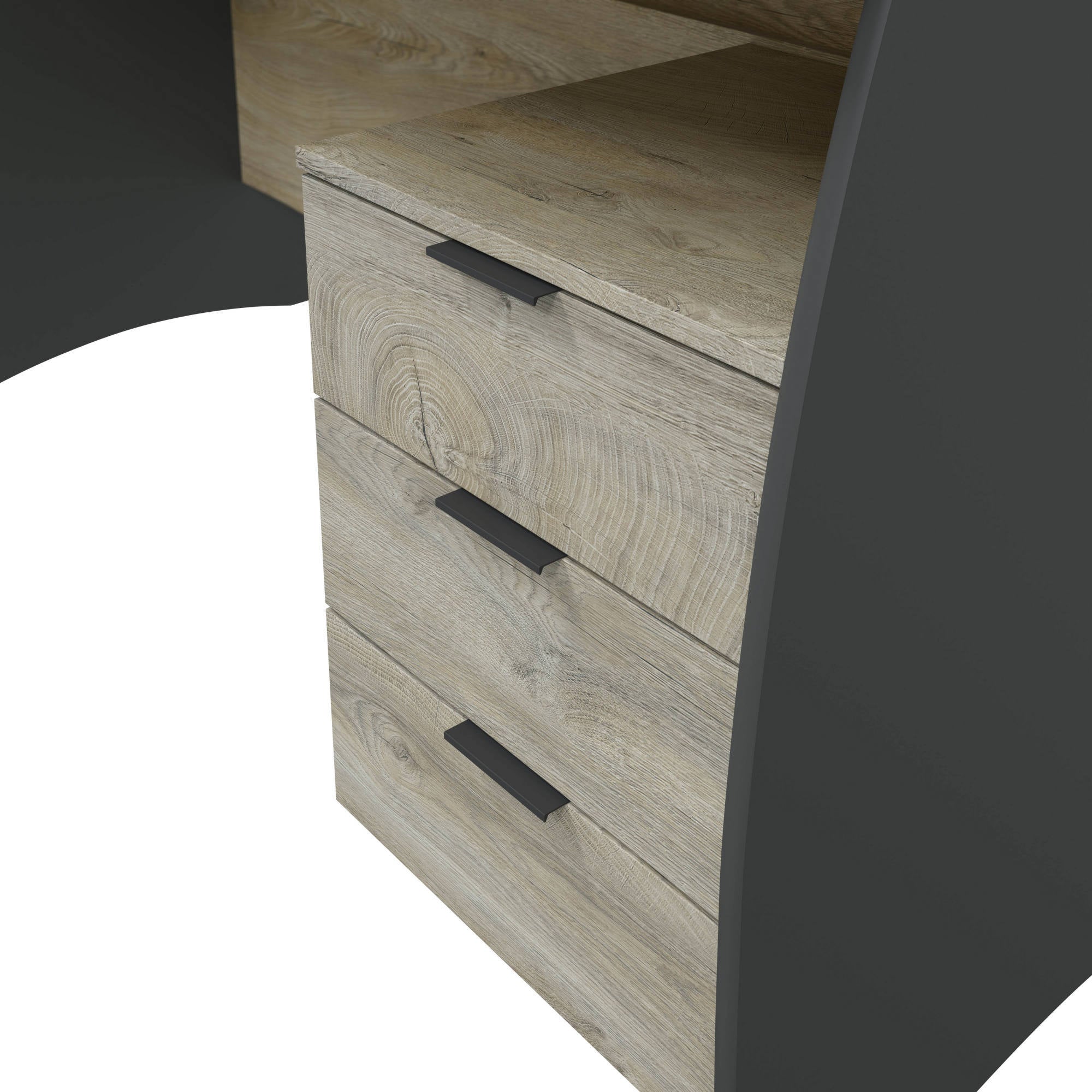 Scrivania Carrollton, Scrittoio da ufficio, Tavolo da studio porta PC con 3 cassetti, cm 136x67h74, Rovere e Antracite